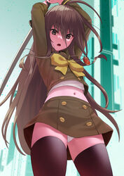  ahoge alastor_(shakugan_no_shana) arms_up black_thighhighs blurry blurry_background bow bowtie brown_eyes brown_hair brown_sailor_collar brown_shirt brown_skirt collared_shirt commentary_request commission cowboy_shot female floating_hair hair_between_eyes holding holding_sword holding_weapon jewelry katana krs_(karasu) long_hair long_sleeves midriff miniskirt misaki_high_school_uniform navel necklace open_mouth outdoors panties pantyshot sailor_collar sailor_shirt school_uniform shakugan_no_shana shana shirt skeb_commission skirt solo standing stomach sword thighhighs underwear very_long_hair weapon white_panties yellow_bow yellow_bowtie 