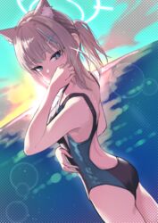  absurdres animal_ear_fluff animal_ears ass black_one-piece_swimsuit blue_archive blue_eyes blue_sky cloud competition_swimsuit cowboy_shot cross_hair_ornament extra_ears female from_behind grey_hair hair_ornament halftone halo highres horizon kuro_shiraga looking_at_viewer low_ponytail medium_hair mismatched_pupils multicolored_clothes multicolored_swimsuit official_alternate_costume one-piece_swimsuit outdoors shiroko_(blue_archive) shiroko_(swimsuit)_(blue_archive) sky solo sunset swimsuit wolf_ears 