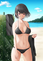  beach bikini black_bikini black_hair blue_sky breasts cloud commentary_request cowboy_shot day english_commentary female kasu_(kasunohikari) kayanuma_miyuki large_breasts light_rays looking_at_viewer mixed-language_commentary mountain navel ocean outdoors red_eyes short_hair sky solo station_memories sunbeam sunlight swimsuit unworn_clothes 