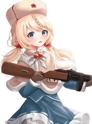  absurdres bad_id bad_pixiv_id blonde_hair blue_dress blue_eyes blush braid brown_gloves capelet dress drum_magazine female fur-trimmed_capelet fur_hat fur_trim girls&#039;_frontline gloves gun hair_bobbles hair_ornament hat highres holding holding_gun holding_weapon long_hair long_sleeves looking_at_viewer magazine_(weapon) open_mouth ppsh-41 ppsh-41_(girls&#039;_frontline) smile solo submachine_gun ushanka weapon zipgaemi 