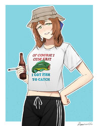  alcohol beer beer_bottle blue_background border bottle brown_hair bucket_hat cigarette clothes_writing collarbone commentary commission cowboy_shot darkpulsegg english_commentary english_text female fish girls&#039;_frontline green_eyes gym_shorts hair_ribbon hair_rings hand_on_own_hip hat holding holding_bottle holding_cigarette light_blush looking_at_viewer meme midriff_peek navel pants ribbon shirt short_sleeves shorts signature smile solo springfield_(girls&#039;_frontline) t-shirt track_pants white_border white_shirt women_want_me_fish_fear_me_(meme) 