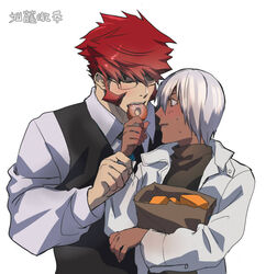  2boys blush commentary_request dark-skinned_male dark_skin doughnut eating food glasses jacket katou_teppei kekkai_sensen klaus_von_reinhertz male_focus multiple_boys mutton_chops necktie photoshop_(medium) red_hair tusks waistcoat white_hair white_jacket yaoi zap_renfro 