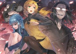  1boy 2girls black_hair black_pantyhose black_shirt black_skirt blonde_hair blue_eyes blue_hair blue_shirt collarbone commentary_request controller dress forehead game_console game_controller glasses glowing_glasses green_eyes hagure_keg holding hugging_own_legs isekai_ojisan juliet_sleeves knees_up long_hair long_sleeves looking_away looking_to_the_side mabel_raybert multiple_girls opaque_glasses open_mouth pantyhose parted_bangs pointy_ears puffy_sleeves sega shibazaki_yousuke shirt sitting skirt standing standing_on_one_leg strapless strapless_dress sui_(isekai_ojisan) yellow_dress 