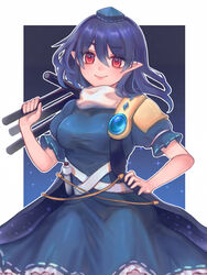  absurdres arm_support blue_dress blue_hair breasts closed_mouth dress female framed gem hair_between_eyes hand_on_own_hip hat highres holding holding_tripod iizunamaru_megumu lips looking_at_viewer medium_breasts medium_hair outside_border pointy_ears qiu_ju red_eyes ribbon_trim sky smile solo star_(sky) starry_sky starry_sky_print tokin_hat touhou tripod 