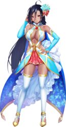  ahoge artwhirl_mahou_gakuen_no_otome-tachi bangs black_hair blue_sleeves breasts bridal_gauntlets cleavage closed_mouth dark-skinned_female dark_skin detached_sleeves female full_body hair_between_eyes hair_ornament hand_in_own_hair hand_on_hip highres large_breasts long_hair long_sleeves looking_at_viewer mana_(remana) miniskirt naru_(artwhirl) pink_skirt pleated_skirt pointy_ears red_eyes shiny shiny_hair skirt solo standing tachi-e thighhighs transparent_background very_long_hair white_thighhighs 