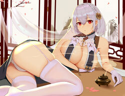  ass azur_lane between_breasts braid branch breast_curtains breasts censer china_dress chinese_clothes cleavage dress female garter_straps gloves grey_dress hair_between_eyes hair_ornament half_gloves incense large_breasts looking_at_viewer lying ocarino on_side parted_lips petals red_eyes revealing_clothes see-through short_hair side_braid sideboob sirius_(azur_lane) sirius_(azure_horizons)_(azur_lane) solo strap_between_breasts thighhighs thighs twisted_torso white_gloves white_hair 