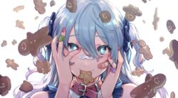  +_+ backlighting bandaid bandaid_on_cheek bandaid_on_face bandaid_on_hand bare_shoulders belt_collar blue_eyes blue_hair blush closed_mouth collar commentary_request female food_in_mouth gingerbread_man hair_between_eyes hands_on_own_face hands_up highres long_hair looking_at_viewer mouth_hold nail_polish original portrait red_collar red_nails saino_misaki simple_background sleeveless smile solo two_side_up white_background 