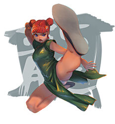  alternate_hairstyle blue_eyes breasts china_dress chinese_clothes commentary double_bun dress female flying_kick full_body hair_bun hair_ornament hong_meiling kicking open_mouth panties red_hair sendai_(nazonomono) small_breasts solo star_(symbol) star_hair_ornament touhou underwear white_panties 