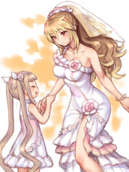  2girls blonde_hair blunt_bangs bracelet breasts bridal_veil collarbone commentary dress elle_mel_martha flower folks_(nabokof) hair_between_eyes hair_flower hair_ornament head_wreath jewelry layered_dress leaning_forward lolicon long_dress long_hair looking_at_another medium_breasts milla_maxwell_(tox2) multiple_girls red_eyes short_dress side_slit sleeveless sleeveless_dress standing tales_of_(series) tales_of_xillia tales_of_xillia_2 twintails veil very_long_hair white_background white_dress white_flower 