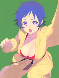  belt black_belt blue_eyes blue_hair blush bra breasts cleavage commentary_request dougi enkyo_yuuichirou female fingernails green_background green_hair highres hisho_collection karate_gi large_breasts looking_at_viewer martial_arts_belt open_mouth pants pink_eyes red_bra short_hair simple_background solo sweat underwear yellow_pants 