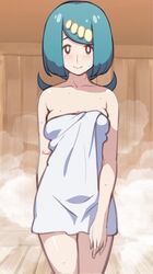  blush breasts bright_pupils brown_eyes closed_mouth collarbone commentary_request ero_kaeru female freckles green_hair hairband lana&#039;s_mother_(pokemon) long_hair looking_at_viewer mature_female naked_towel pokemon pokemon_(anime) pokemon_sm_(anime) ponytail raised_eyebrows sauna smile solo steam sweat towel white_pupils yellow_hairband 