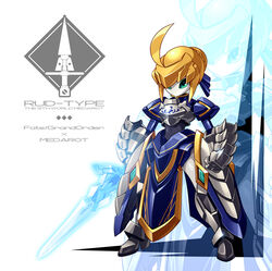  ahoge armor artoria_pendragon_(fate) copyright_name crossover fate/stay_night fate_(series) full_body green_eyes holding holding_sword holding_weapon humanoid_robot legs_apart marik_(artist) medarot no_humans no_mouth no_nose parody robot saber_(fate) shiny solo standing sword weapon zoom_layer 