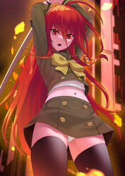  ahoge alastor_(shakugan_no_shana) arms_up black_thighhighs blurry blurry_background bow bowtie brown_sailor_collar brown_shirt brown_skirt commentary_request commission cowboy_shot female fire floating_hair hair_between_eyes holding holding_sword holding_weapon jewelry katana krs_(karasu) long_hair long_sleeves midriff miniskirt misaki_high_school_uniform navel necklace open_mouth outdoors panties pantyshot red_hair sailor_collar sailor_shirt school_uniform shakugan_no_shana shana shirt skeb_commission skirt solo standing stomach sword thighhighs underwear very_long_hair weapon white_panties yellow_bow yellow_bowtie 