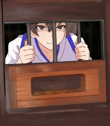  bars brown_eyes brown_hair commentary_request female highres in_cell japanese_clothes kaga_(kancolle) kantai_collection partial_commentary shaded_face side_ponytail smile solo takaman_(gaffe) window 