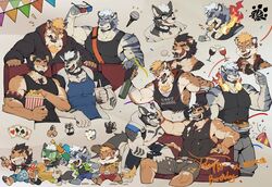  3d_glasses 4boys :q alca_(wakatanka4) alca_the_lion animal_ears arm_tattoo bara beard beenic biceps birthday black_hair black_jacket black_tank_top blue_tank_top bottle chest_hair chest_tattoo chibi collage confetti couch covered_abs cropped_shoulders dog_boy dog_ears eating facial_hair fiery_headphones food food_on_face furrification furry furry_male goggles grey_shorts group_picture gyee headpat heterochromatic_eyewear highres holding holding_bottle jacket large_pectorals lion_boy lion_ears lion_tail male_focus mature_male movie_theater multicolored_hair multiple_boys muscular muscular_male official_alternate_costume on_couch orange_hair original pectorals pointing poker popcorn romg running second-party_source short_hair shorts sidepec sleeveless smile streaked_hair tail tank_top tattoo thick_eyebrows tiger_boy tiger_ears tongue tongue_out toseii uutiger 