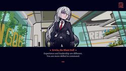  ak-15_(erwin)_(girls&#039;_frontline) ak-15_(girls&#039;_frontline) blue_suit breasts collared_shirt crossover english_text female formal girls&#039;_frontline glasses grey_hair hair_over_one_eye helltaker holding holding_suitcase id_card jacket long_hair looking_at_viewer necktie official_alternate_costume parody ponytail purple_eyes shirt signature sindraws style_parody suit suit_jacket suitcase 