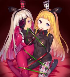  2girls absurdres alyce_(dohna_dohna) argyle asymmetrical_docking black_bodysuit blonde_hair blue_eyes blush bodysuit braid breast_press breasts bright_pupils colored_inner_hair covered_navel dark-skinned_female dark_skin dohna_dohna_issho_ni_warui_koto_o_shiyou eyepatch green_ribbons grey_hair hairband hand_up heterochromia highres kneeling long_hair looking_at_viewer medium_breasts mouth_hold multicolored_hair multiple_girls pink_bodysuit pink_eyes pink_hair print_eyepatch red_ribbon ribbon siblings side_braids sisters skin_tight smile twins two-tone_bodysuit two-tone_hair white_pupils yammy_(dohna_dohna) yononaka 