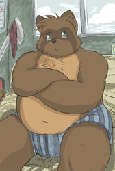  2008 anthro bed belly brown_body brown_fur canid canine clothing fur furniture iavan male mammal navel overweight overweight_anthro overweight_male paran0id42 raccoon_dog sitting solo tanuki underwear 