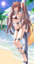  :o absurdres arms_behind_back ass azur_lane bare_shoulders barefoot beach bikini bird black_bikini blue_sky blush bound bound_ankles bound_arms bound_legs bound_wrists breasts brown_hair chained chains cleavage cloud cloudy_sky collar collarbone commentary cuffs day devil_heavens feet female full_body furrowed_brow groin hair_between_eyes hair_ornament hair_scrunchie halterneck haruna_(azur_lane) highres horns immobilization innertube legs_together lens_flare long_hair looking_at_viewer medium_breasts navel ocean open_mouth outdoors palm_leaf palm_tree pole red_eyes red_scrunchie restrained scrunchie shackles shadow side-tie_bikini_bottom sidelocks sky solo stomach string_bikini sun sweat swim_ring swimsuit tree twintails underboob water 