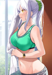  bare_arms bare_shoulders blush breasts cleavage collarbone commentary_request eve_santaclaus female from_side green_scrunchie green_sports_bra grey_pants hair_ornament hair_scrunchie highres idolmaster idolmaster_cinderella_girls large_breasts long_hair mk_(mod0) navel pants parted_lips ponytail scrunchie sidelocks smartwatch solo sports_bra stomach sweat towel watch white_hair wristwatch yellow_eyes yoga_pants 