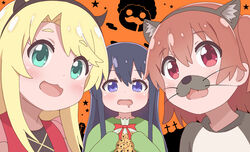  3girls :3 absurdres animal_ears black_hair blonde_hair blue_eyes blush brown_hair coffin commentary cookie cross drooling fake_animal_ears fake_horns fangs food graveyard green_eyes hairband halloween higero_(wataten) highres himesaka_noa holding horns hoshino_hinata long_hair long_sleeves looking_at_viewer mouth_drool multiple_girls open_mouth orange_background poa_mellhen red_eyes saliva shirosaki_hana short_hair sleeves_past_wrists smile star_(symbol) upper_body watashi_ni_tenshi_ga_maiorita! whiskers 