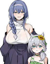  2girls aged_down animal_ears aqua_eyes banssee bare_shoulders blue_hair blush braid braided_ponytail breasts choker dp-12_(girls&#039;_frontline) flower french_braid girls&#039;_frontline grey_eyes grey_hair hair_between_eyes hair_flower hair_ornament hair_over_shoulder hairband height_difference highres huge_breasts ksvk_(angel&#039;s_paint_brush)_(girls&#039;_frontline) ksvk_(girls&#039;_frontline) looking_at_viewer multiple_girls off_shoulder official_alternate_costume smile sunflower sweat upper_body wavy_mouth white_background 