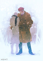  2boys arm_around_waist blurry coat commentary_request dark_skin depth_of_field glasses highres katou_teppei kekkai_sensen klaus_von_reinhertz male_focus manly multiple_boys mutton_chops necktie photoshop_(medium) red_hair scarf trench_coat tusks white_hair winter winter_clothes winter_coat zap_renfro 