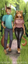  2020 5_fingers absurd_res anniversary anthro barefoot big_breasts biped blue_eyes blush bottomwear breasts caracal caracal_(genus) clothed clothing conditional_dnp denim denim_bottomwear denim_clothing detailed_background digital_media_(artwork) domestic_cat duo english_text feet felid feline felis female fingers forest fur glistening glistening_clothing grass hair hi_res jeans leaf leather leather_bottomwear leather_clothing leather_pants male male/female mammal nikoyishi open_mouth outside pants plant shaded shirt sky smile standing strolling sun sunny text toes topwear tree walking wallpaper 