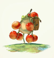  absurdres animal animal_focus backpack backpack_basket bag basket carrying_overhead cherry food frog fruit full_body grass green_eyes grey_background hachiya_shohei highres holding holding_food holding_fruit no_humans original simple_background smile standing water_drop wet 