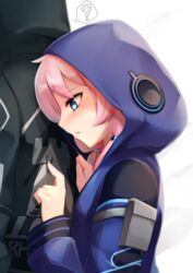  ? arknights blue_eyes blue_jacket blue_poison_(arknights) blush clinging commentary_request doctor_(arknights) embarrassed female haribote_(desk_of_coulomb) hood hoodie horizontal_pupils jacket long_coat looking_at_another open_mouth pale_skin partial_commentary pink_hair poking pouch touching twintails white_background 