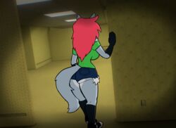  anthro ass bottomwear breasts canid canine canis clothed clothing detailed_background female fingers footwear green_clothing green_shirt green_topwear grey_body hair hand_on_wall lemondude liminal_spaces mammal red_hair serena_(lemondude) shirt shoes shorts sneakers socks solo standing the_backrooms topwear wolf 