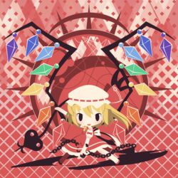  ascot back_bow black_eyes blonde_hair bow broken broken_chain chains chibi cobalta crystal cuffs female flandre_scarlet frilled_skirt frills hat hat_bow laevatein_(touhou) legs_apart mob_cap one_side_up open_mouth puffy_short_sleeves puffy_sleeves red_bow red_footwear red_skirt red_vest shackles shirt short_hair short_sleeves skirt skirt_set solid_oval_eyes touhou vest white_shirt wings yellow_ascot 