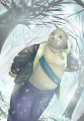  2010 anthro bear belly bottomwear clothing denim denim_bottomwear denim_clothing iavan jacket jeans looking_up male mammal outside overweight overweight_anthro overweight_male pants paran0id42 plant shirt snow solo topwear tree walking 