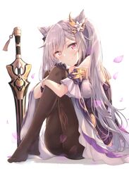  bare_shoulders black_pantyhose blush breasts cone_hair_bun detached_sleeves dress female frills genshin_impact gloves hair_bun hair_ornament hakuya_(white_night) highres hugging_own_legs keqing_(genshin_impact) long_hair looking_at_viewer medium_breasts no_shoes pantyhose petals purple_eyes purple_hair simple_background sitting skirt solo sword thighs twintails underwear weapon white_background 