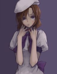  back_bow bow bowtie brown_hair closed_mouth coma_(fginiy) crying crying_with_eyes_open dress female hair_between_eyes hat higurashi_no_naku_koro_ni looking_at_viewer maggot medium_hair purple_background purple_bow purple_bowtie purple_eyes ryuuguu_rena short_sleeves solo tears upper_body white_dress white_hat 