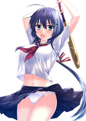  :o ahoge bat_(animal) blue_eyes blue_hair blue_skirt blush bow bow_panties breasts clothes_lift commentary_request cosplay cowboy_shot female flower hair_between_eyes hair_flower hair_ornament hairclip holding kmcgold30 lace lace-trimmed_panties lace_trim long_hair looking_at_viewer low_ponytail mole mole_under_eye navel open_mouth panties pantyshot photoshop_(medium) sailor_collar sakugawa_school_uniform saten_ruiko saten_ruiko_(cosplay) school_uniform serafuku setouchi_chie short_sleeves sidelocks simple_background skirt skirt_lift solo standing summer_uniform thighs toaru_kagaku_no_railgun toaru_majutsu_no_index toji_no_miko underwear very_long_hair white_background white_panties wind wind_lift 