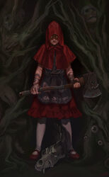  axe bandaged_arm bandages blonde_hair blood blood_on_face commentary_request dress eyeball female full_body glasgow_smile glowing glowing_eyes highres little_red_riding_hood little_red_riding_hood_(grimm) pantyhose red_dress red_hood scar scar_on_arm scar_on_hand sendai_(nazonomono) skull smile solo 