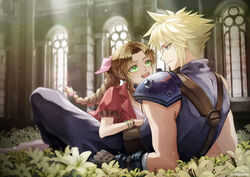  1boy :d aerith_gainsborough armor bandaged_arm bandages bangle blonde_hair blue_eyes blue_pants blue_shirt bracelet braid braided_ponytail brown_hair choker church cloud_strife couple cowgirl_position dress earrings female final_fantasy final_fantasy_vii final_fantasy_vii_remake flower flower_bed full_body gloves green_eyes hair_between_eyes hair_ribbon indoors jacket jewelry long_dress looking_at_another open_mouth pants parted_bangs pink_dress pink_ribbon reclining red_jacket ribbon shirt short_hair short_sleeves shoulder_armor sidelocks single_earring smile spiked_hair straight suspenders sylvia_m teeth upper_teeth_only window yellow_flower 