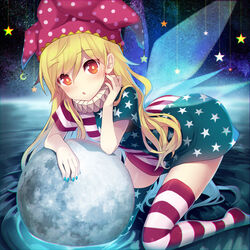  :o adapted_costume alstroemeria_records alternate_legwear american_flag_dress american_flag_legwear arm_rest arm_support asymmetrical_clothes bad_id bad_twitter_id blonde_hair blue_nails blush bright_pupils clownpiece commentary_request crescent_moon dress fairy_wings female fingernails full_moon hair_between_eyes hat head_tilt jester_cap kneeling leaning_forward long_hair looking_at_viewer minamura_haruki moon nail_polish neck_ruff no_shoes parted_lips polka_dot polka_dot_headwear red_eyes red_nails ripples short_dress solo star_(symbol) star_print striped_clothes striped_dress striped_thighhighs thighhighs touhou water white_pupils wings zettai_ryouiki 