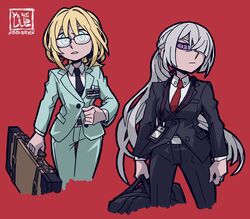  2girls ak-15_(erwin)_(girls&#039;_frontline) ak-15_(girls&#039;_frontline) an-94_(antje)_(girls&#039;_frontline) an-94_(girls&#039;_frontline) blonde_hair blue_eyes blue_suit breasts collared_shirt crossover formal girls&#039;_frontline glasses grey_hair hair_over_one_eye helltaker highres holding holding_suitcase id_card jacket long_hair looking_at_viewer multiple_girls necktie official_alternate_costume parody ponytail purple_eyes red_background shirt signature simple_background sindraws style_parody suit suit_jacket suitcase vanripper_(style) 