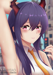  arknights arm_up armpits artist_name blue_hair ch&#039;en_(arknights) chinese_commentary commentary_request dragon_horns female grin hair_between_eyes highres horns lenxiao long_hair looking_at_viewer nail_polish necktie outdoors parted_lips partial_commentary pink_eyes pink_nails shirt sleeveless sleeveless_shirt smile solo traffic_light upper_body white_shirt wing_collar yellow_necktie 