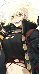  alchemy_stars blonde_hair breasts choker commentary ear_piercing female jacket jewelry knifedragon navel necklace orange_eyes piercing regina_(alchemy_stars) smile symbol-only_commentary symbol-shaped_pupils torn_clothes 