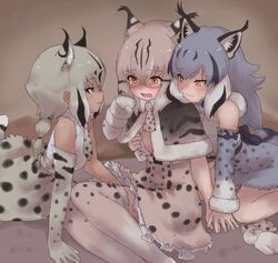  3girls animal_ears animal_print blonde_hair blush bobcat_(kemono_friends) bow bowtie brown_hair canadian_lynx_(kemono_friends) cat_ears cat_girl cat_print cat_tail collared_shirt detached_sleeves ear_tufts elbow_gloves eurasian_lynx_(kemono_friends) extra_ears fur_trim glasses gloves gray_gray grey_eyes grey_hair high-waist_skirt implied_fingering jpeg_artifacts kemono_friends long_hair mittens multicolored_hair multiple_girls necktie ponytail print_bow print_bowtie print_capelet print_gloves print_mittens print_necktie print_skirt print_sleeves print_thighhighs semi-rimless_eyewear shirt short_hair skirt sleeveless sweatdrop tail thighhighs unworn_mittens white-framed_eyewear white_fur white_shirt yellow_eyes yuri zettai_ryouiki 