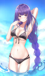  absurdres arm_behind_head arm_up armpits ass_visible_through_thighs bad_id bad_pixiv_id bare_arms bare_shoulders bikini black_bikini braid breasts cleavage collarbone commentary cowboy_shot female front-tie_bikini_top front-tie_top genshin_impact hand_up highres large_breasts long_hair looking_at_viewer multi-strapped_bikini muyang navel parted_lips purple_eyes purple_hair raiden_shogun single_braid solo stomach string_bikini swimsuit thighs underboob wading water wet 