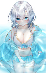  absurdres arm_support ars_almal bare_legs bare_shoulders barefoot bikini bikini_skirt blue_bow blue_eyes blue_jacket blush bow bow_swimsuit breasts caustics cleavage collarbone female frilled_bikini frills gem_(symbol) gold_trim hair_between_eyes hand_on_own_thigh highres jacket knees_out_of_frame large_breasts looking_at_viewer medium_hair miniskirt navel nei_(aduma1120ponpon) nijisanji parted_lips partially_submerged see-through see-through_jacket see-through_skirt sitting skirt solo sparkle swimsuit thigh_strap tied_hair virtual_youtuber wariza water white_background white_hair 