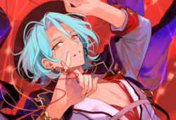  1boy blue_hair commentary ensemble_stars! grey_jacket highres himeru_(ensemble_stars!) jacket light_blue_hair long_sleeves looking_at_viewer male_focus official_alternate_costume orange_eyes red_headwear red_shirt shirt short_hair smile solo string string_of_fate tan teeth wavewhale73 