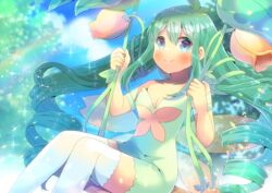  alraune_(p&amp;d) bare_shoulders blue_eyes blurry blurry_background blush breasts cleavage closed_mouth commentary_request day depth_of_field dress feet_out_of_frame female flower green_dress green_hair hair_between_eyes hands_up kou_hiyoyo long_hair outdoors puzzle_&amp;_dragons rainbow ringlets sitting small_breasts smile solo sparkle strapless strapless_dress swing thighhighs twintails very_long_hair white_thighhighs yellow_flower 