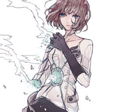  amputee black_gloves blue_eyes blurry breasts brown_hair cracked_skin dai2kakuu depth_of_field dissolving female gloves hand_up hole_on_body injury light_particles long_sleeves looking_away messy_hair nasu_rei nasu_squad&#039;s_uniform shards short_hair simple_background smoke solo white_background world_trigger 