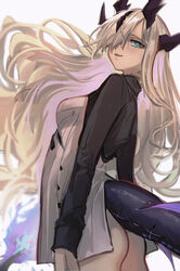  absurdres arknights ass bare_hips black_shirt blonde_hair blush breasts commentary_request cowboy_shot dragon_girl dragon_horns dragon_tail eblana_(arknights) female from_side green_eyes hair_ornament hair_over_one_eye highres horns kaguura_(kagu) light_blush light_smile long_hair long_sleeves looking_at_viewer looking_to_the_side medium_breasts naughty_face parted_lips partially_undressed shirt simple_background smile solo standing sweater tail very_long_hair white_background 