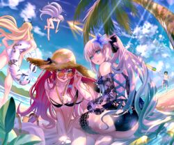  1boy 4girls adjusting_eyewear ass ball baobhan_sith_(fate) bare_shoulders barghest_(fate) basket beach beachball bikini black_bikini black_bow black_hair blonde_hair blue_eyes blue_one-piece_swimsuit blue_sky bow braid breasts bridal_garter casual_one-piece_swimsuit cleavage commentary_request earrings fate/grand_order fate_(series) flower fujimaru_ritsuka_(male) grey_eyes grey_hair gyoza_(pi512126) hair_flower hair_ornament hairbow half_up_braid hat highres horns innertube jewelry large_breasts long_hair long_sleeves looking_at_viewer looking_back looking_over_eyewear melusine_(fate) morgan_le_fay_(fate) multiple_girls one-piece_swimsuit open_mouth orange-tinted_eyewear outdoors palm_tree partial_commentary pink_hair pointy_ears ponytail round_eyewear shorts sidelocks sky smile straw_hat sunglasses swim_ring swimsuit thighs tinted_eyewear tongue tongue_out tree very_long_hair white_bikini white_hair 